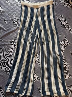 Crochet Wide-Leg Striped Pants in Navy and Cream